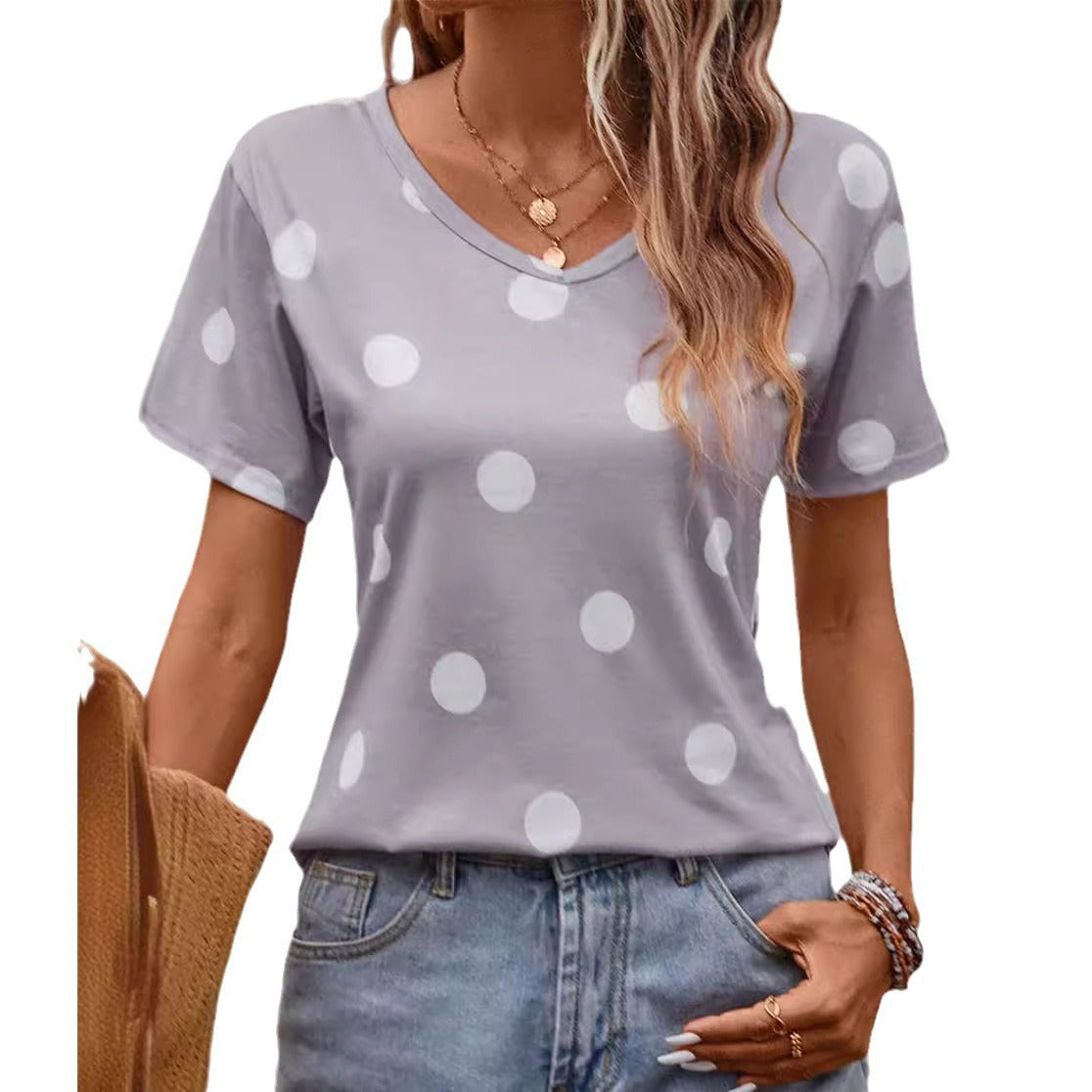 Women's Summer Round Neck Polka Dot T-shirt Blouses