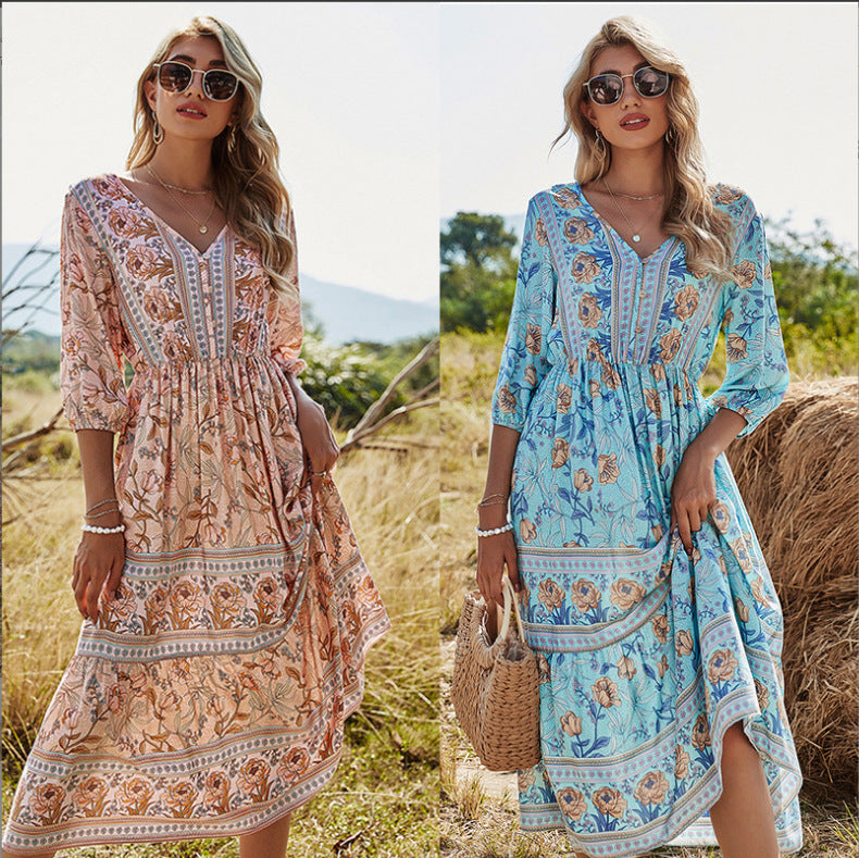 Women's Floral Dress High Waist Bohemian Long Dresses