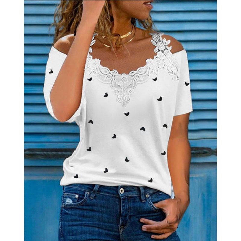 Women's Fashion Casual Lace Stitched Shirt Heart Blouses