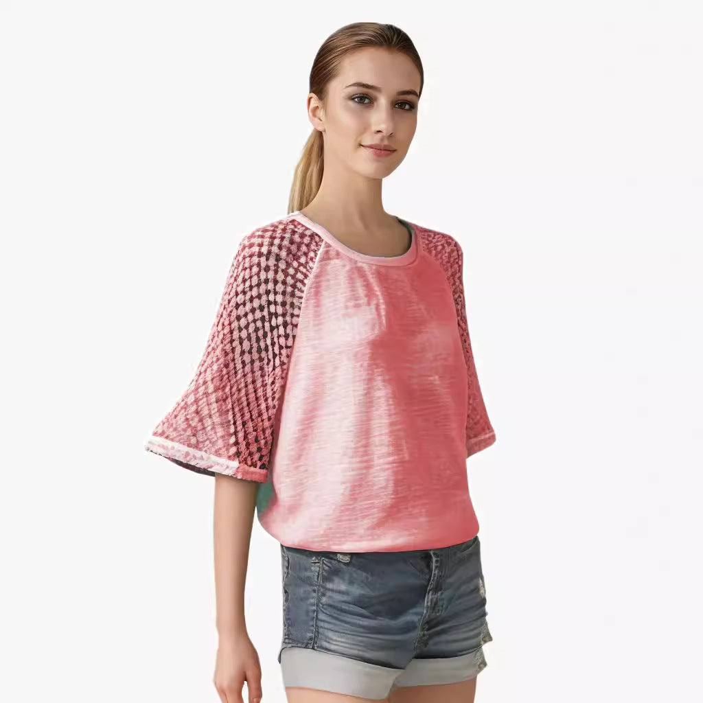 Women's Lace Patchwork Round Neck T-shirt Blouses