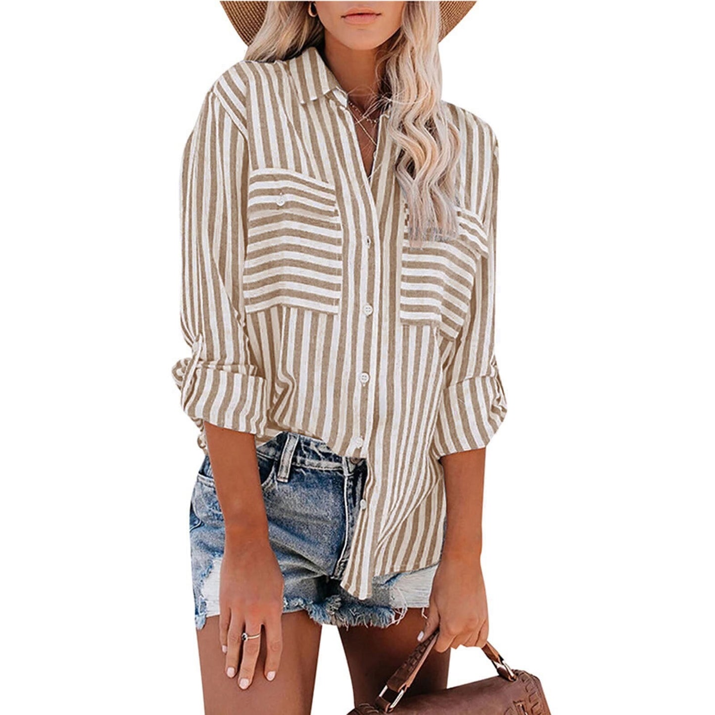 Women's Polyester Striped Single-breasted Long Sleeve Blouses