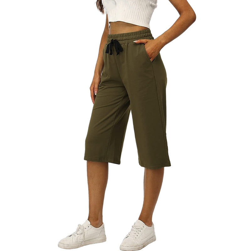 Women's Waist Casual Sports Three-quarter Length Wide Pants