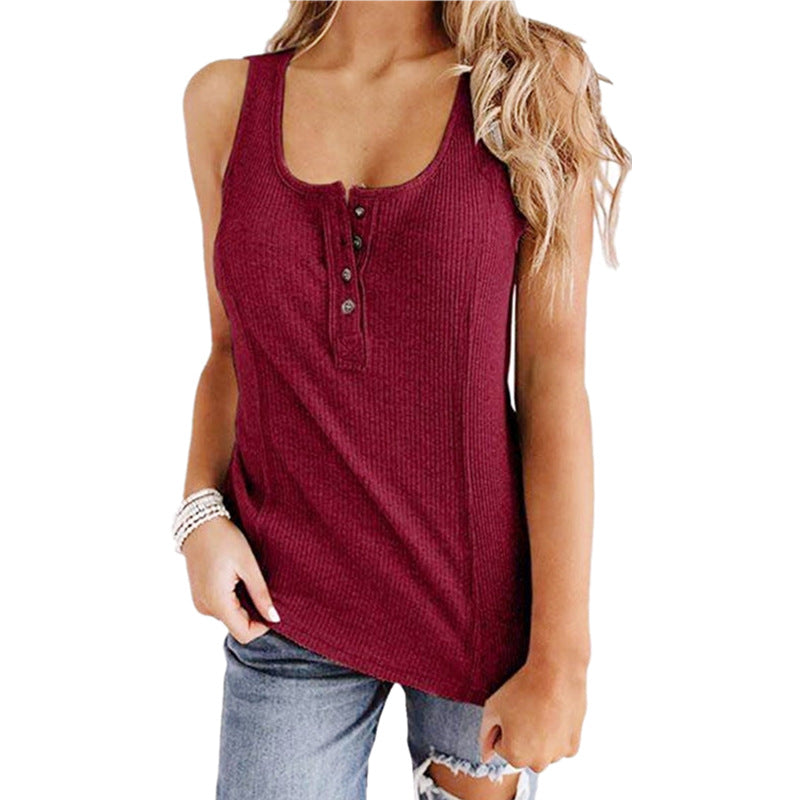 Women's Solid Color Buttons Sleeveless T-shirt Tops