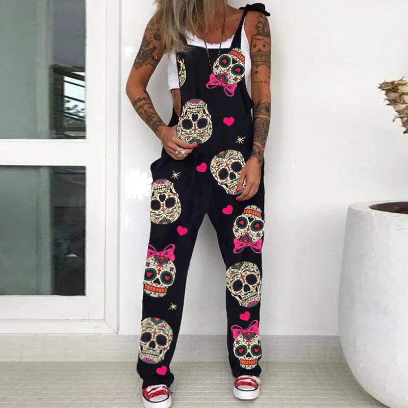 Unique Printed Skull Chrysanthemum Overalls Trousers Pants