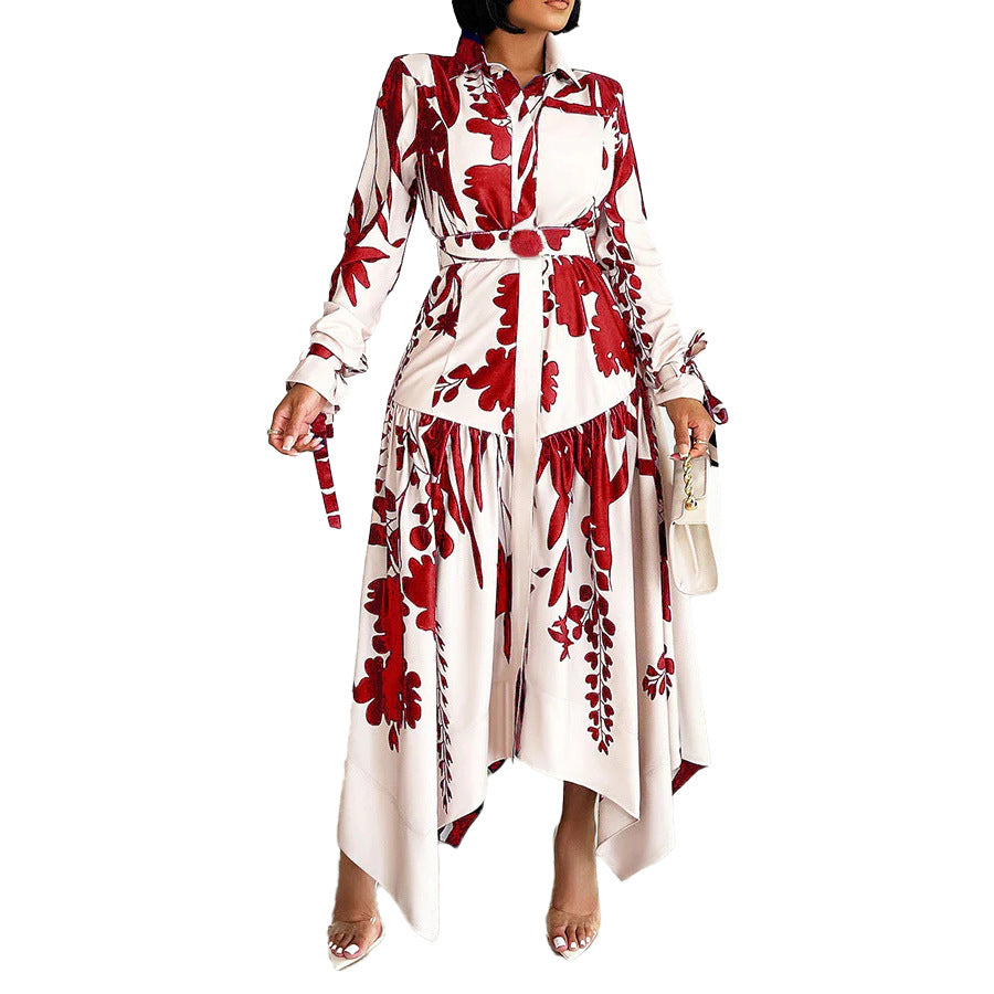 Women's Fashion Temperament Printed Lapel Long Sleeve Dresses