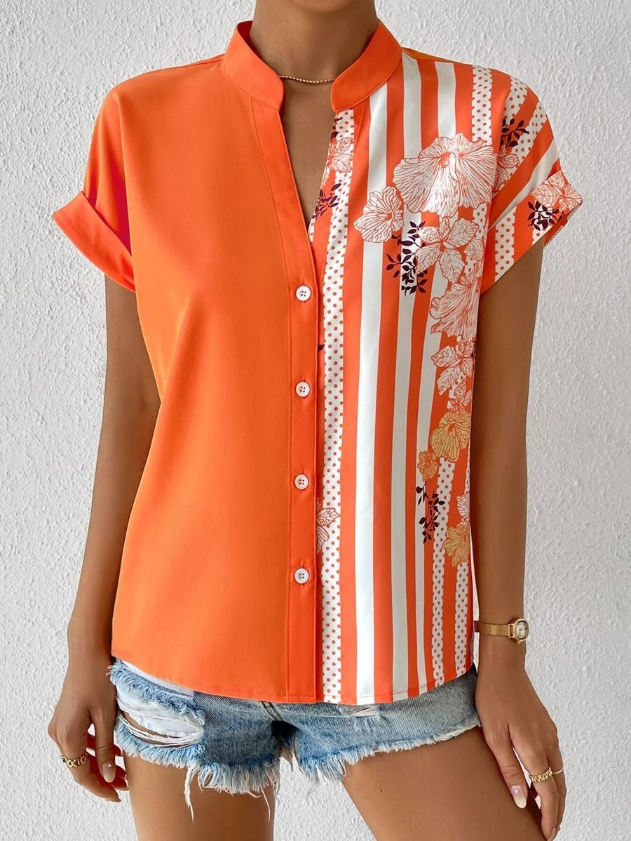 Women's Summer Double Color Matching Floral Button Blouses