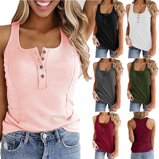 Women's Solid Color Buttons Sleeveless T-shirt Tops