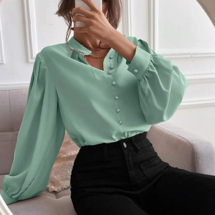 Women's Elegant Solid Color Lapel Long Sleeve Single Row Blouses