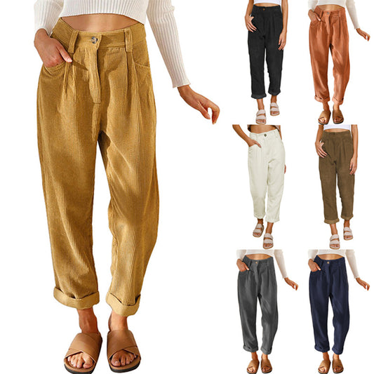 Women's Waist Casual Solid Color Corduroy Loose Pants