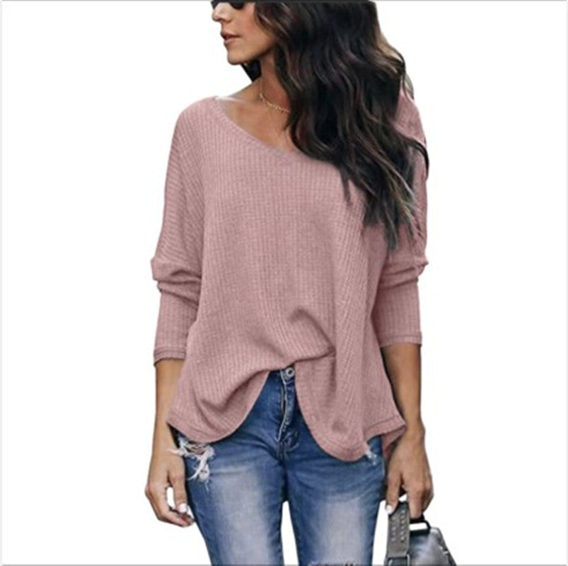 Damen Herbst Lockere V-Ausschnitt Langarmshirt Strickmode