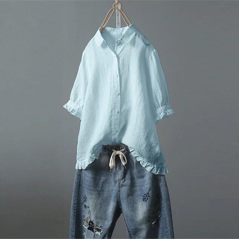 Women's Linen Casual Single-breasted Ruffled Sleeves Shirt Blouses