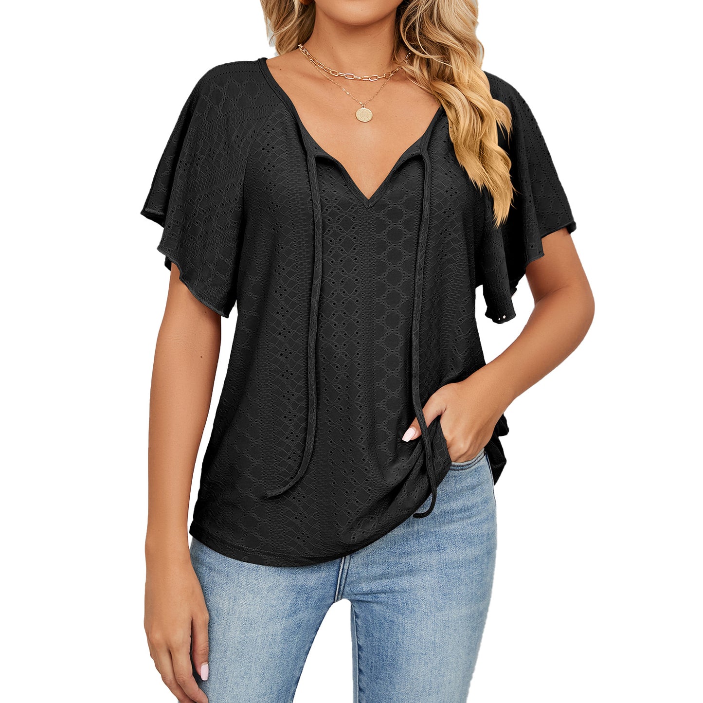 Women's Solid Color V-neck Lace-up Sleeve Loose Blouses