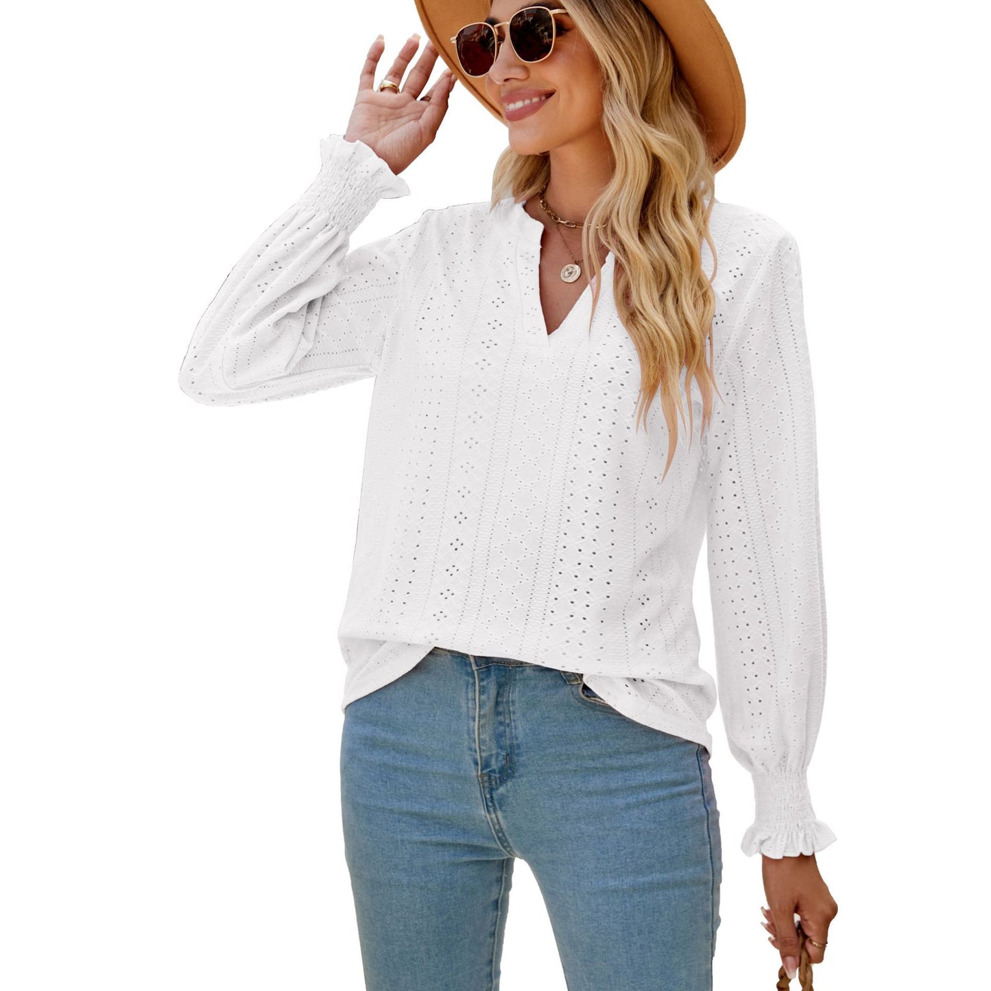 Color Hollow-out Pleated Ruffle Sleeve V-neck Loose Blouses