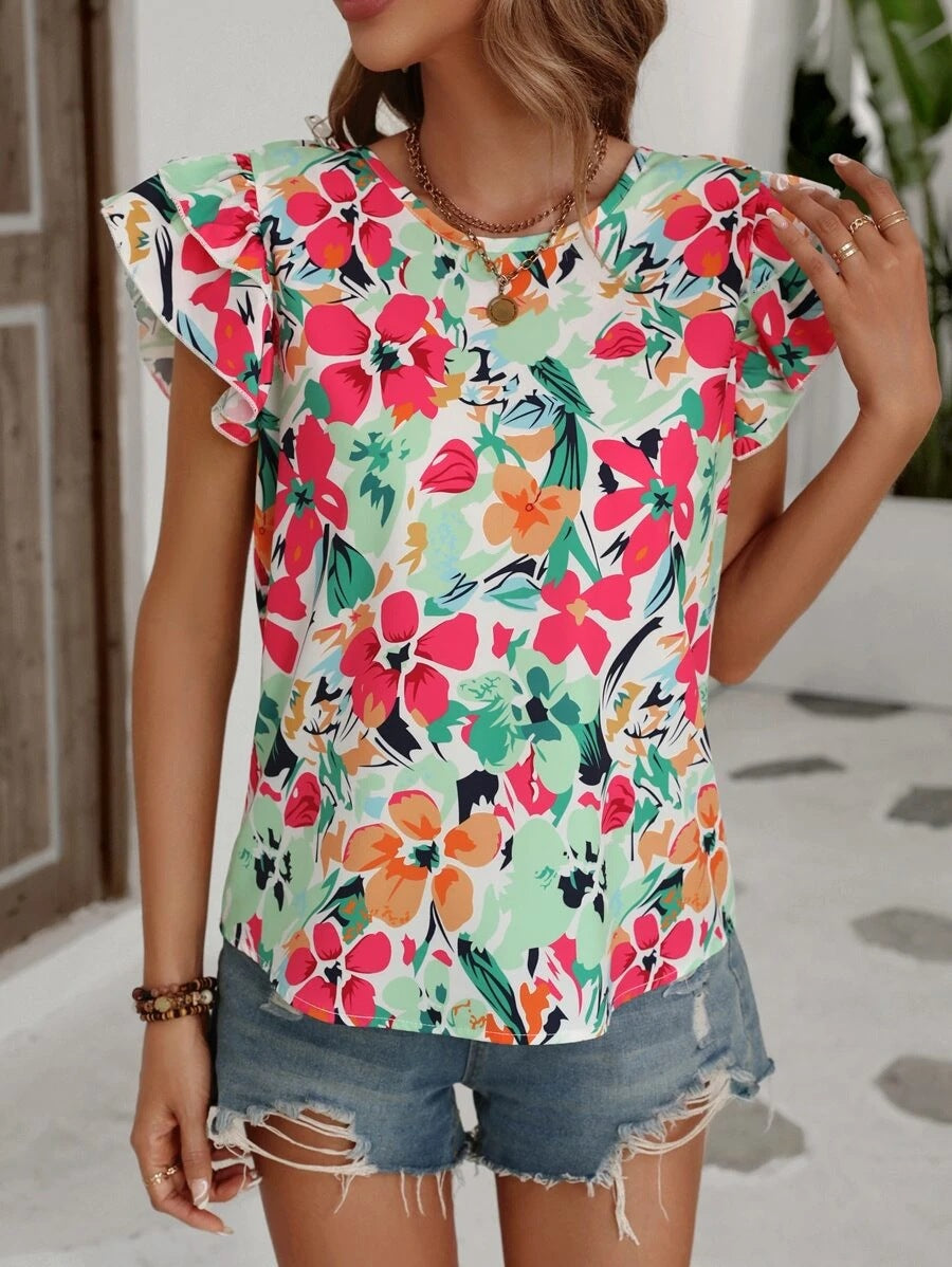 Women's Summer Floral Print Double-layer Flying Short-sleeved Blouses