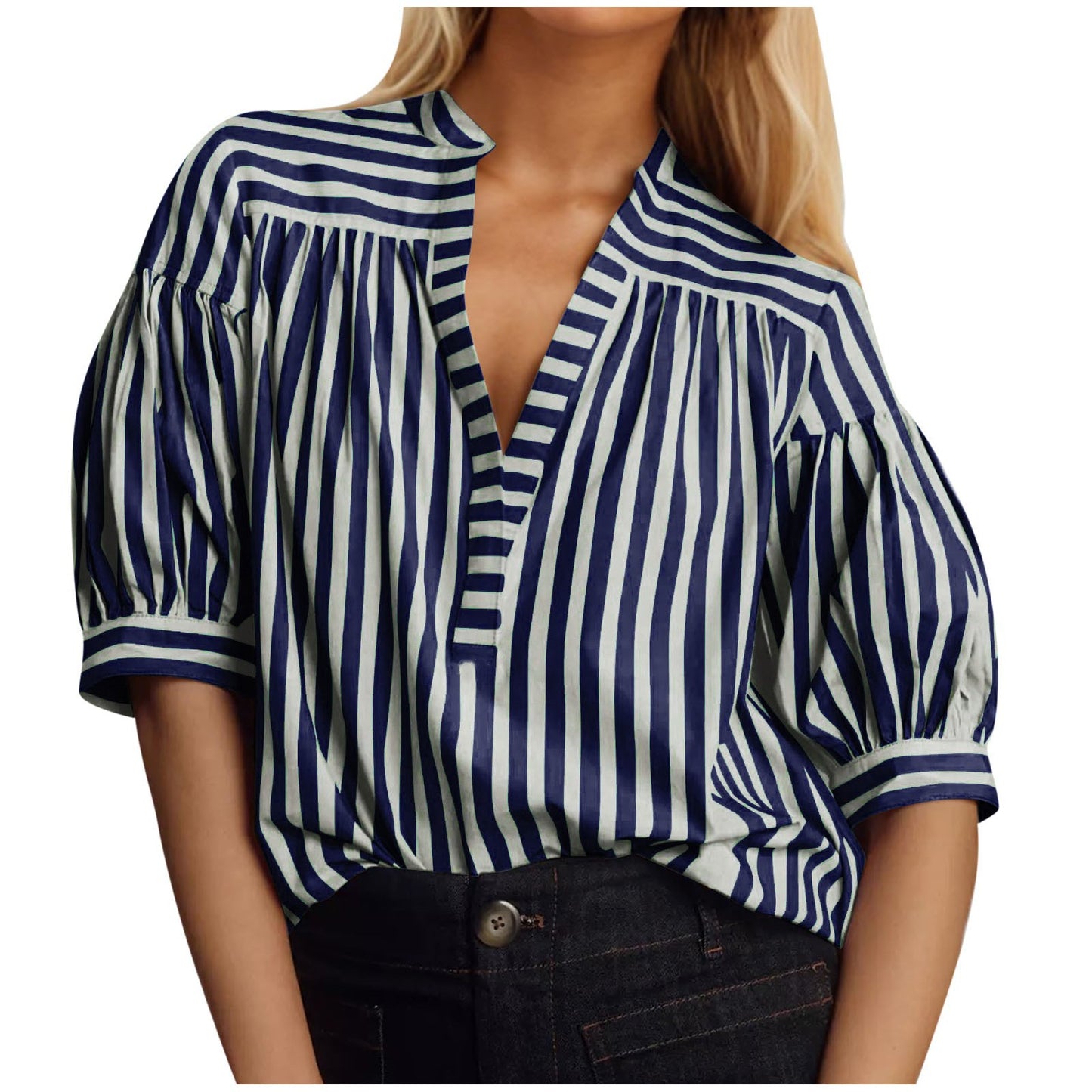 Women's Fashionable Loose Striped Shirt Sleeve Lantern Shorts