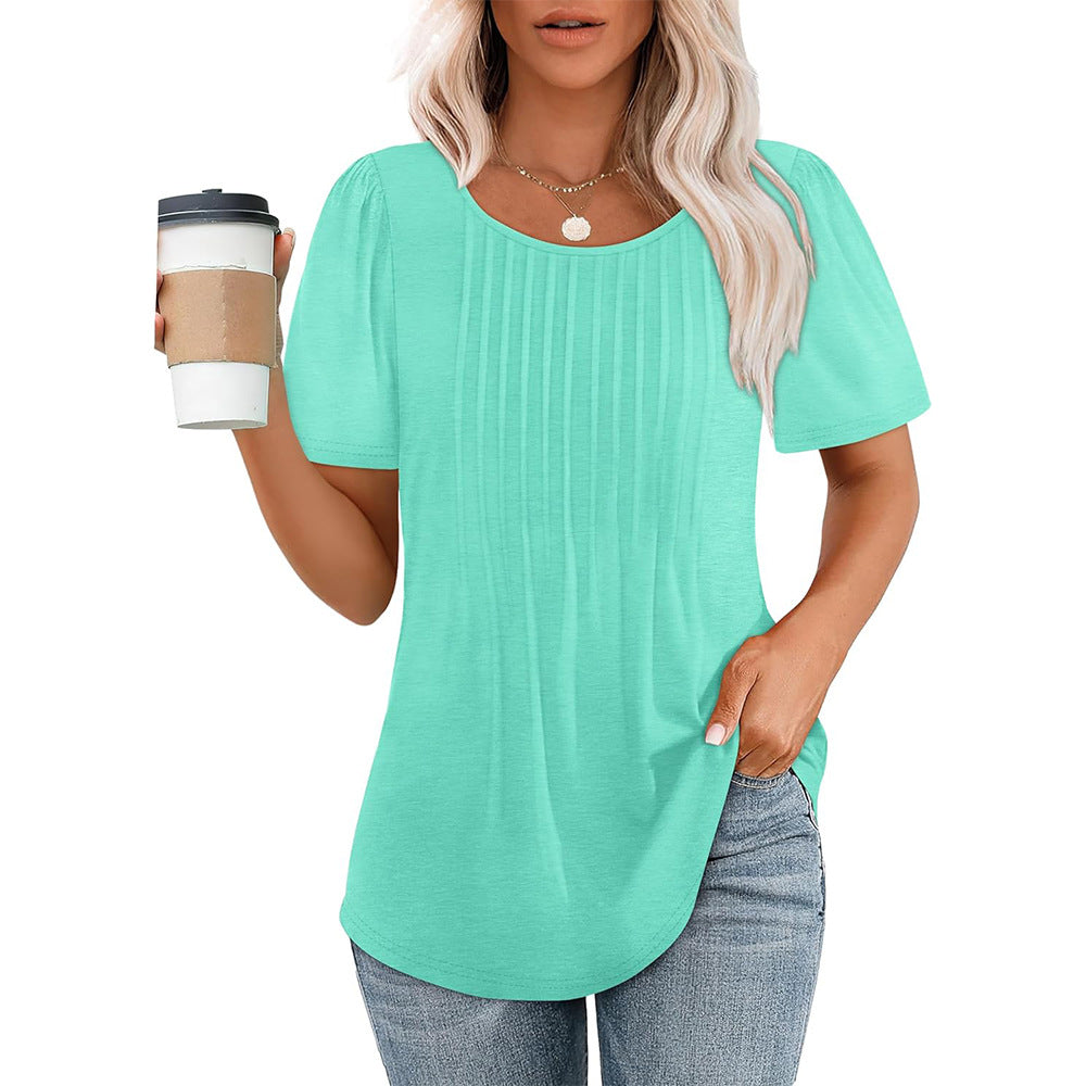 Women's Pleated Round Neck Short-sleeved T-shirt Blouses