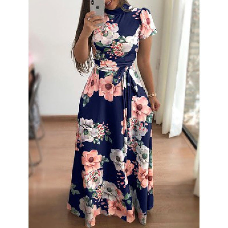 Women's Casual Printed Lace Up Maxi Dress Dresses