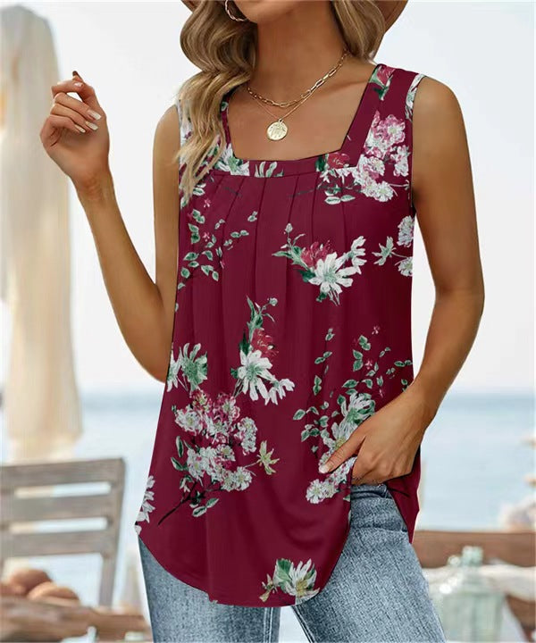 Women's Summer Sleeveless Square Collar Printed T-shirt Blouses