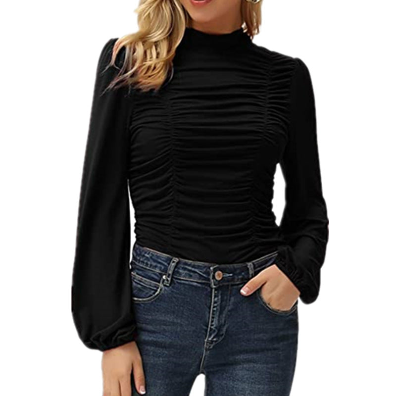 Women's Color Long Lantern Sleeve Turtleneck Pleated Slim Blouses