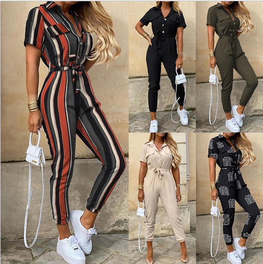 Women's Summer Casual Polo Collar Printed Belt Jumpsuits