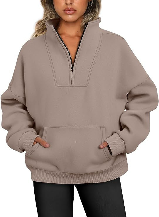 Damen-Kapuzenpullover mit Kragen, einfarbig, Tasche und Reißverschluss