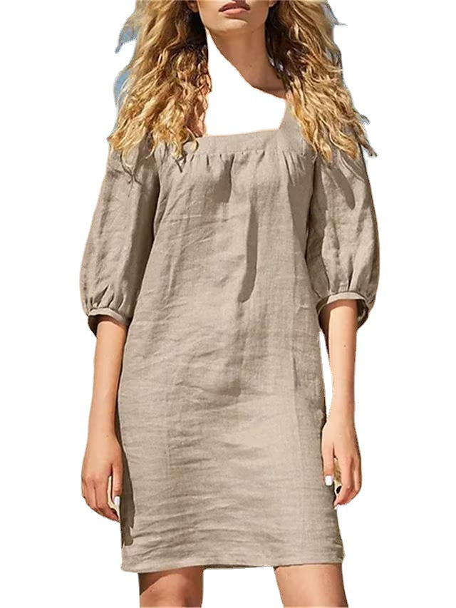 Women's Square Collar Cotton Linen Dress Simple Puff Sleeve Dresses