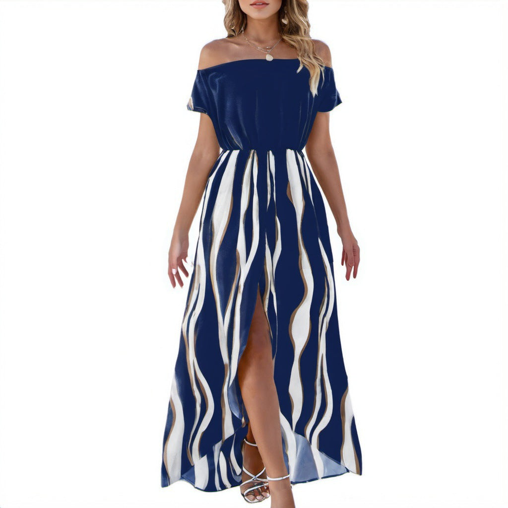 Summer Zebra Pattern Waist Trimming Short-sleeved Dresses