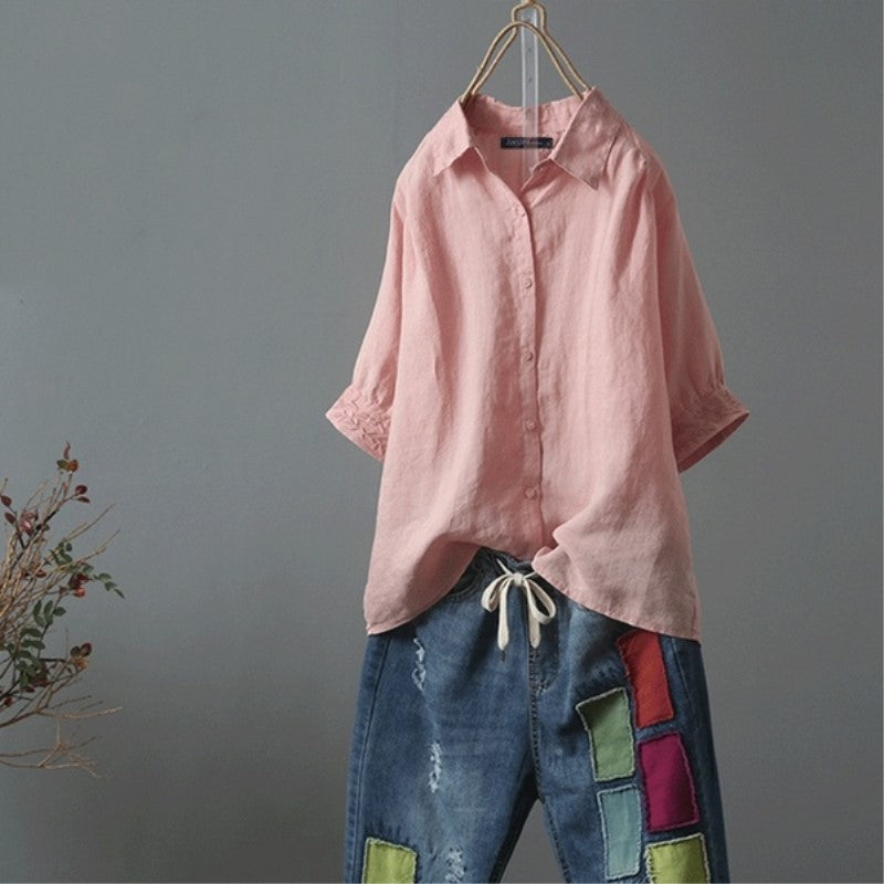 Women's Summer Casual Single-breasted Lapel Short-sleeved Shirt Blouses