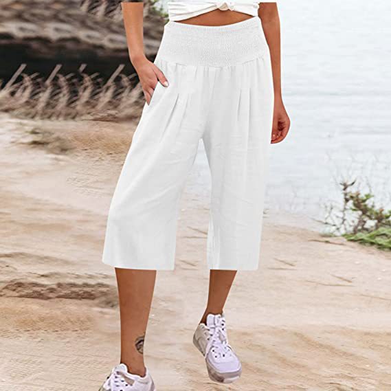 Women's Linen Cropped Waist Smocking Thin Pocket Pants