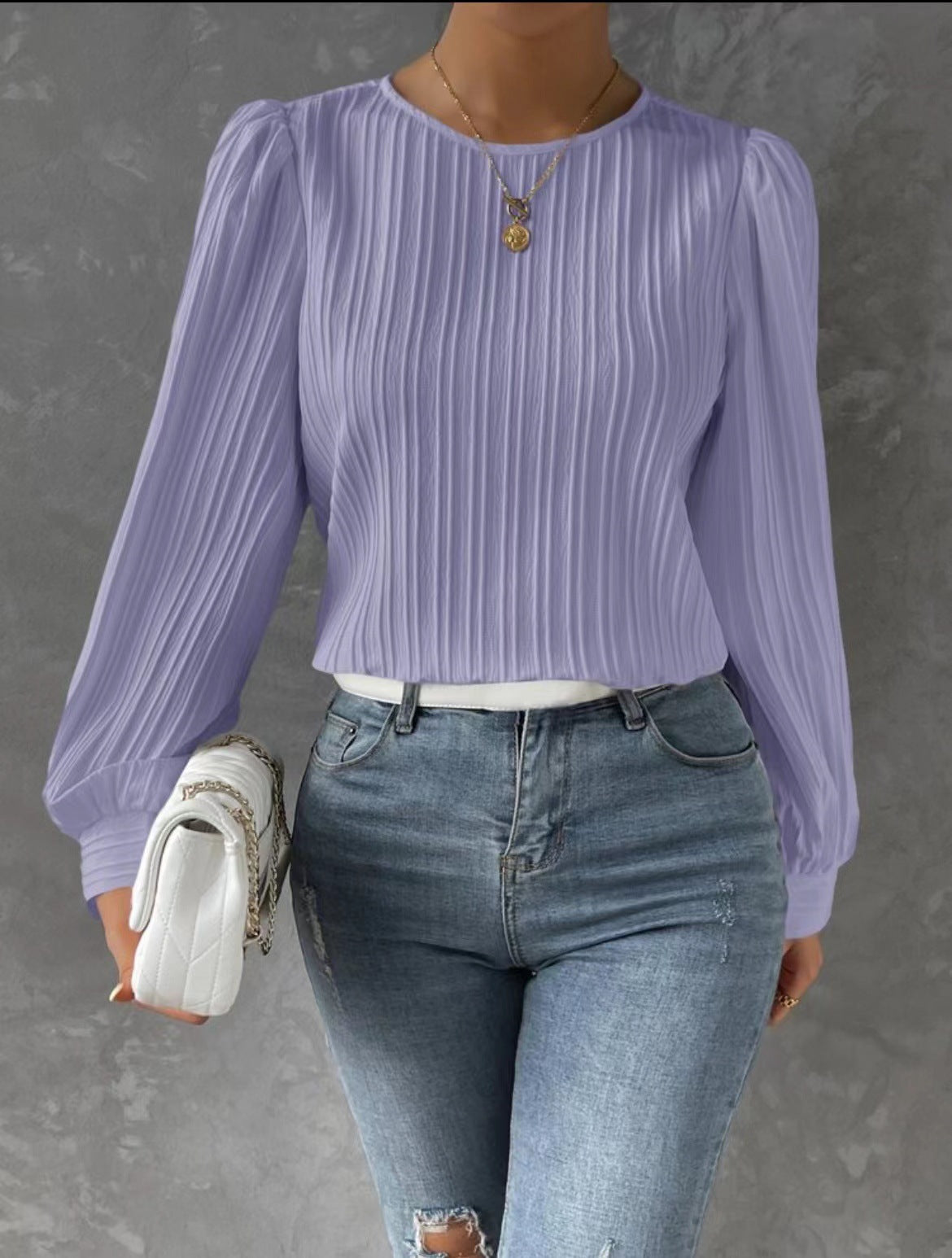 Round Neck Lantern Sleeve Long Solid Blouses