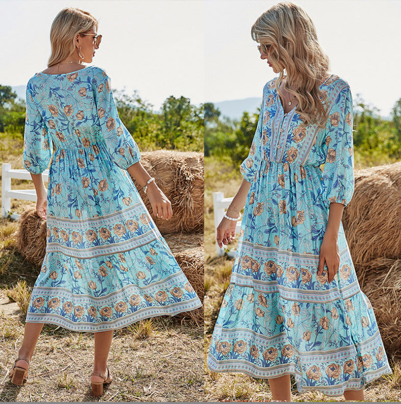 Women's Floral Dress High Waist Bohemian Long Dresses