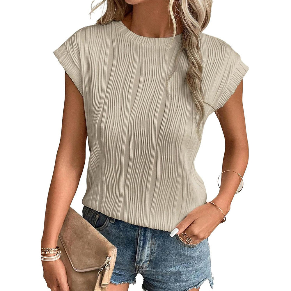 Women's Round Neck Short-sleeved Textured T-shirt Blouses