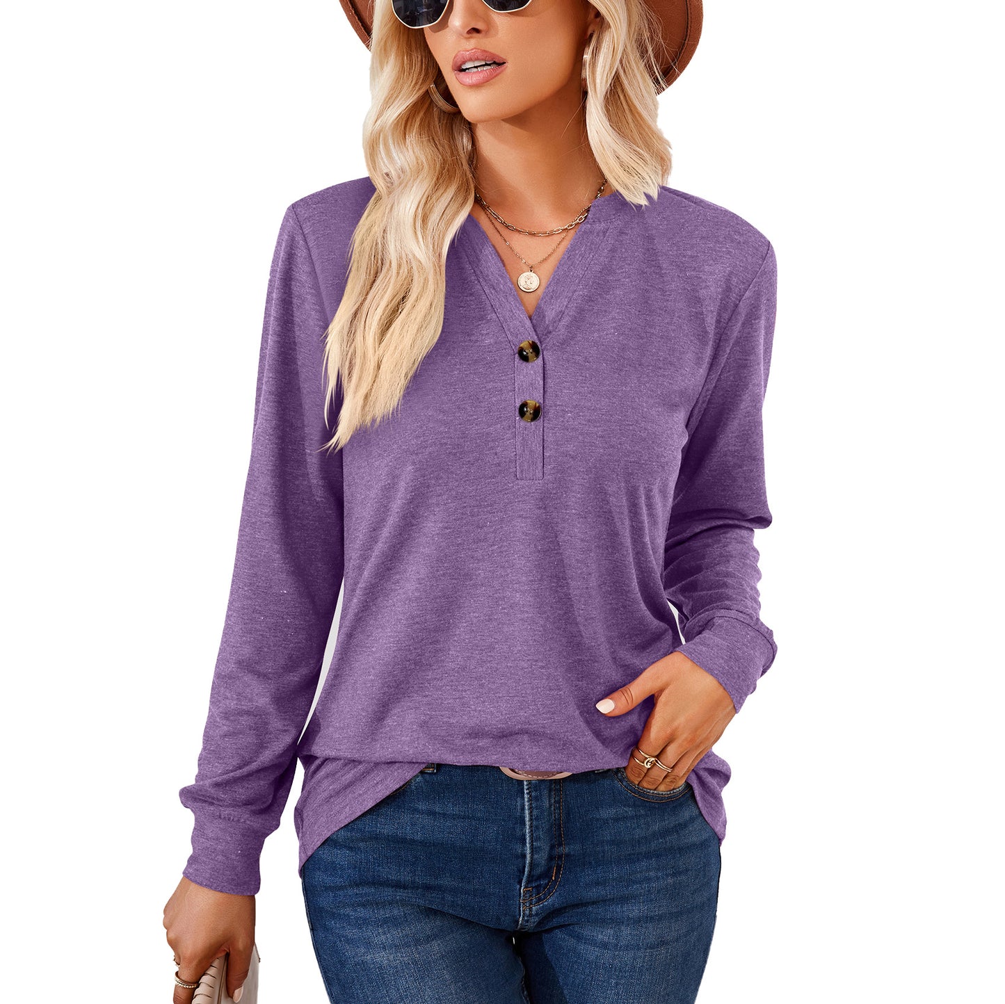 Women's Solid Color And Button Loose Long-sleeved Blouses