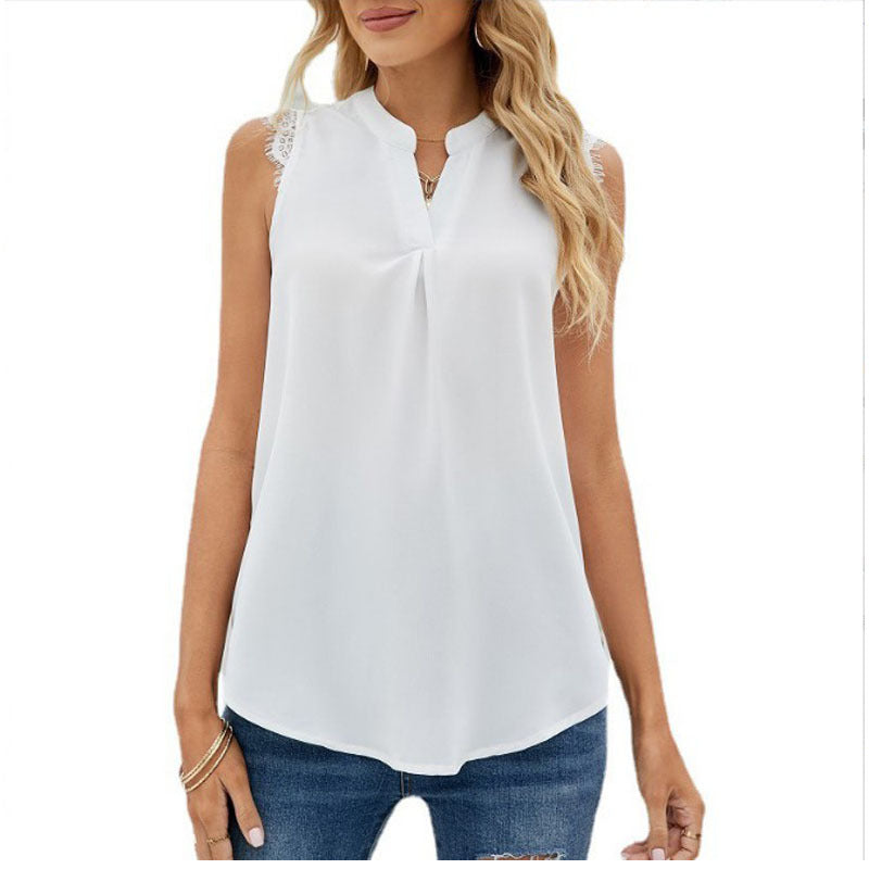 Women's Solid Color Shirt Loose Sleeveless Lace Blouses