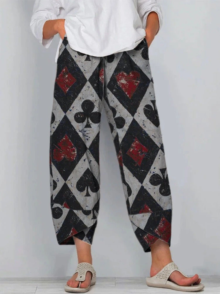 Women's Waist Gray Printed Stitching Loose Cropped Pants