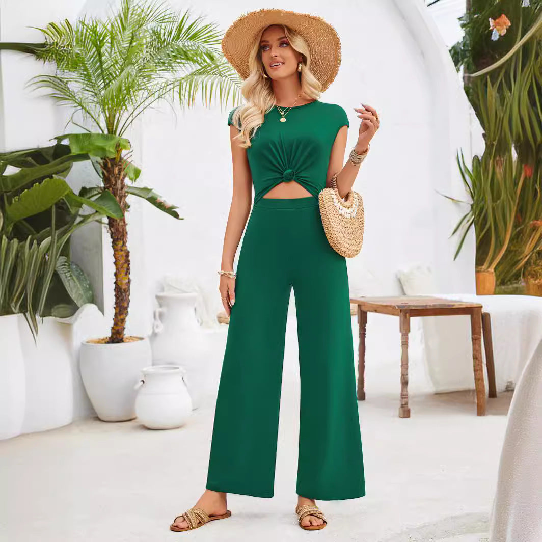 Women's Casual Summer Solid Color Round Neck Jumpsuits