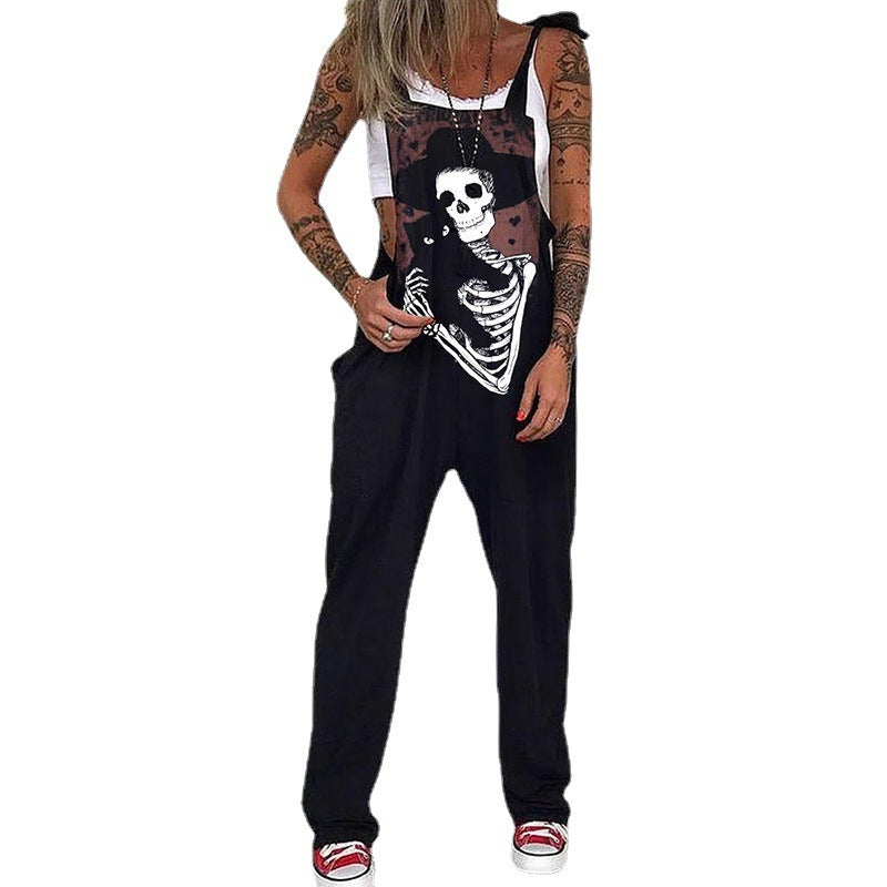 Unique Printed Skull Chrysanthemum Overalls Trousers Pants