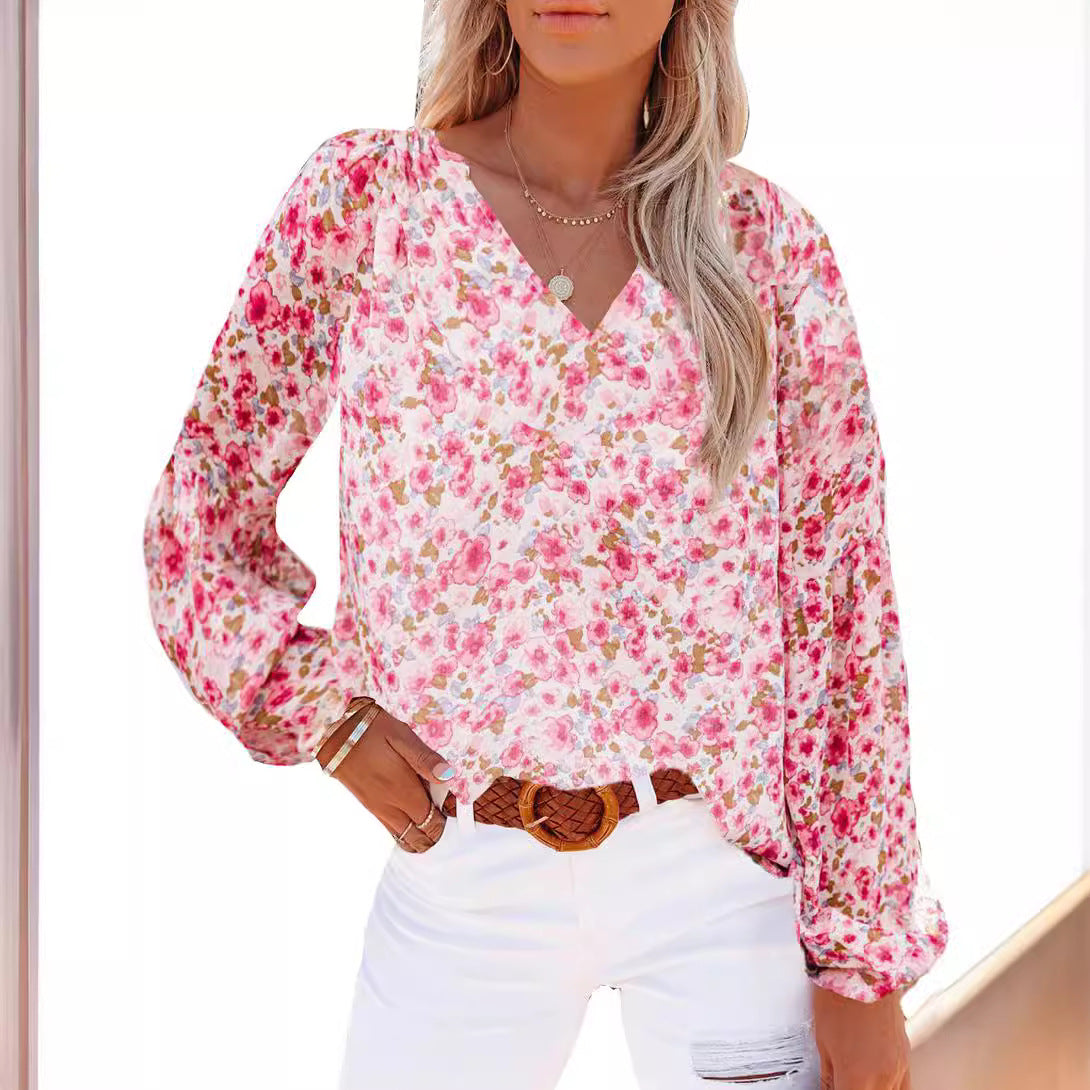 Damen Herbst T-Shirt Blumen Chiffon Hemd Blusen