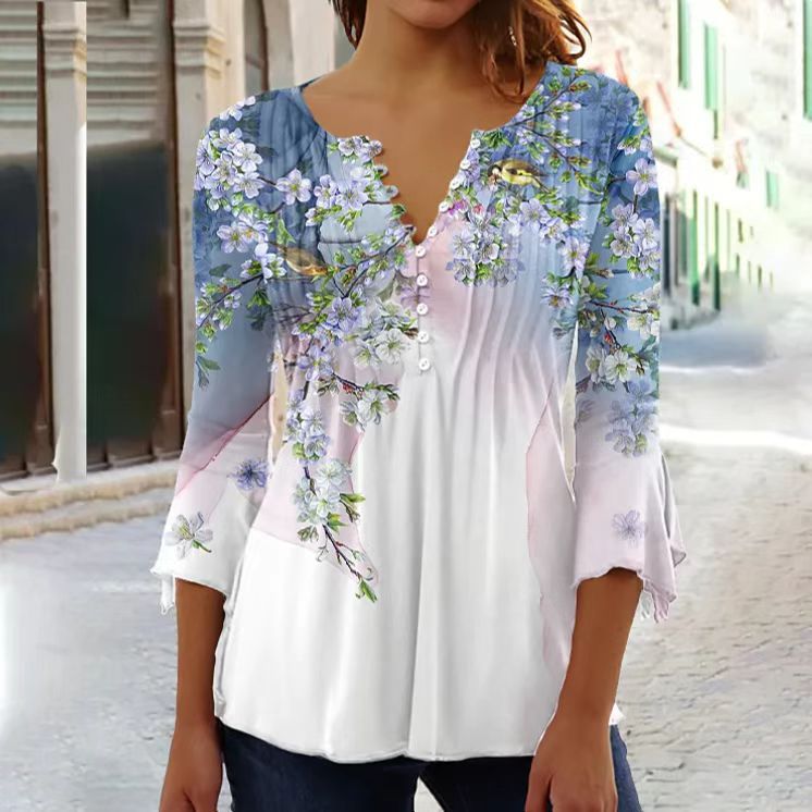 Women's Wear Floral Printed V-neck Sleeve Pleated Blouses