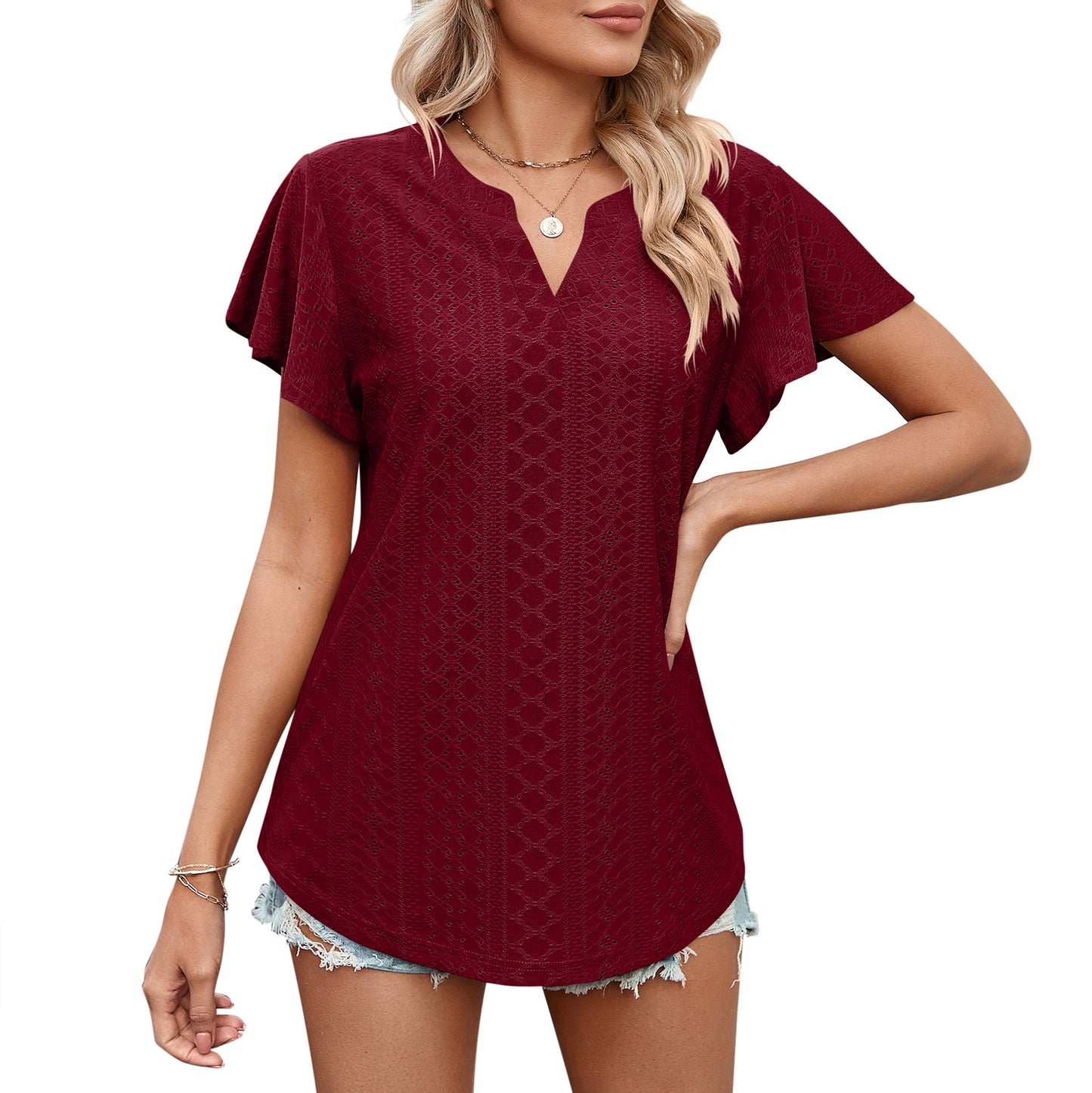 Women's Summer Ladies Solid Color Hollow Out Blouses