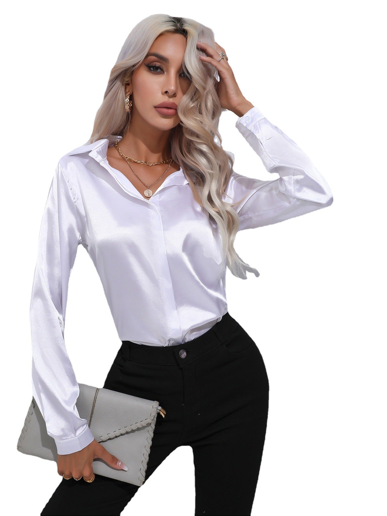 Women's One Button Satin Shirt Long Sleeve Blouses