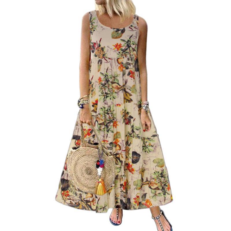 Vintage Floral Print Sleeveless Round Neck Dresses