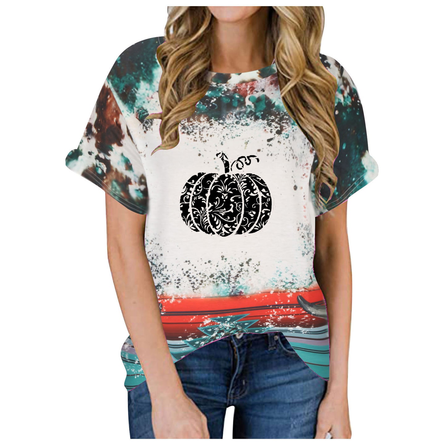 Kurzärmlige T-Shirt-Blusen mit Halloween-Kürbis-Aufdruck für Damen im Sommer