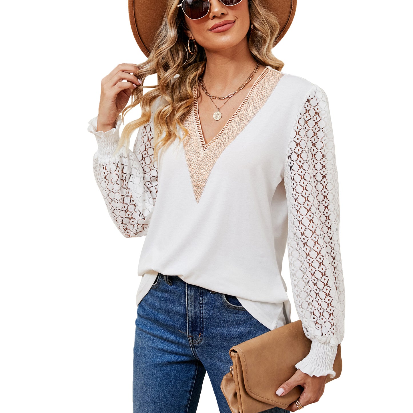 Women's Lace Patchwork Loose Long-sleeved T-shirt Blouses