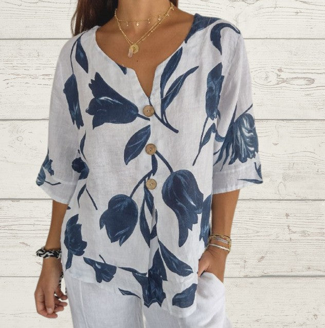 Printed Cotton Linen Short-sleeved Pullover Shirt Blouses