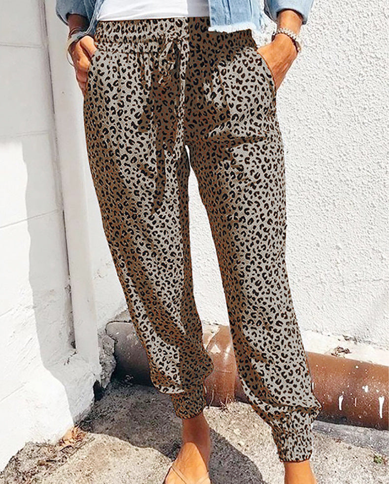 Women's Summer Trousers Loose Leopard Print Printed Drawstring Pants