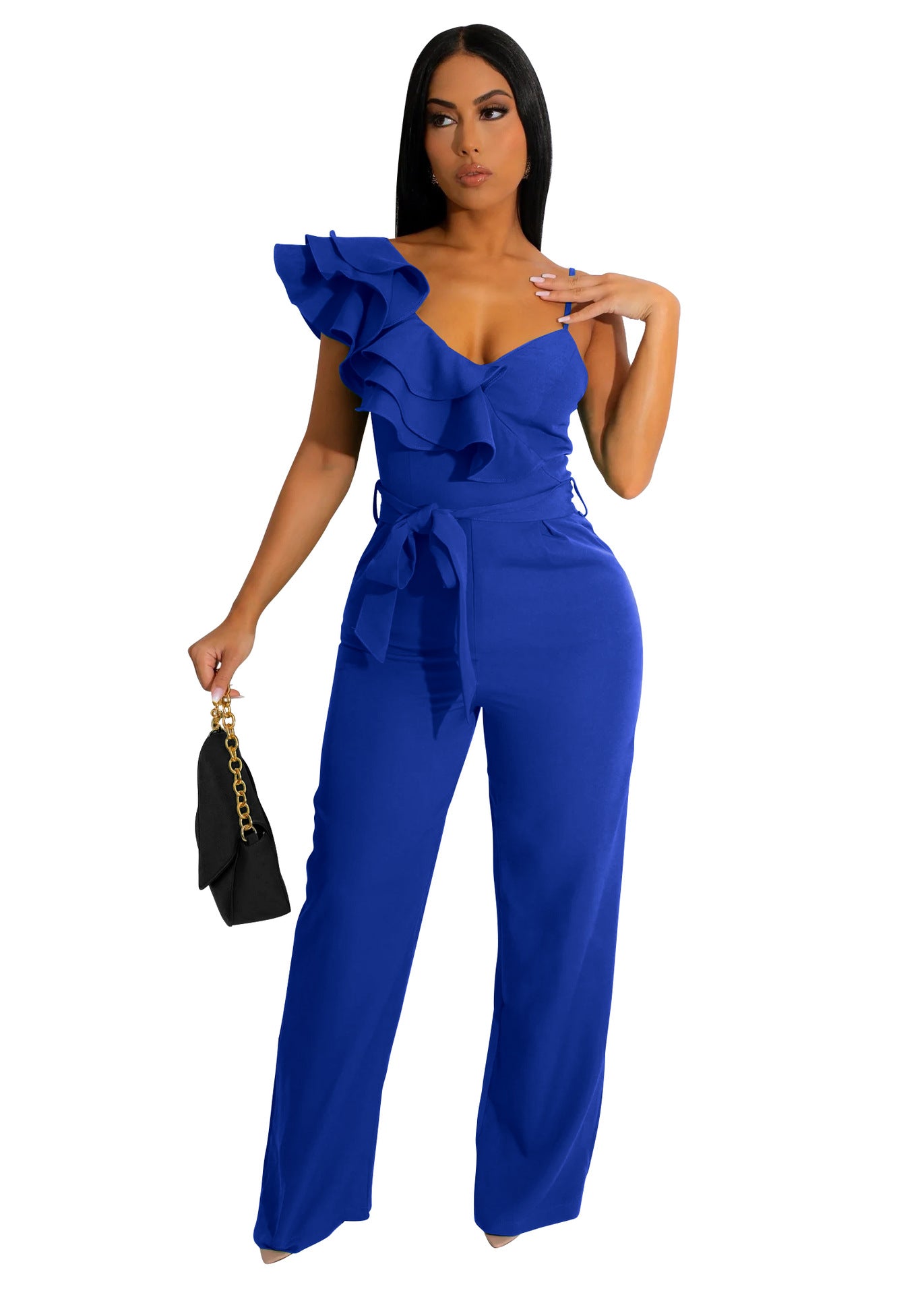 Women's Ruffles One-shoulder Sleeveless Waist Deep V Loose Solid Jumpsuits