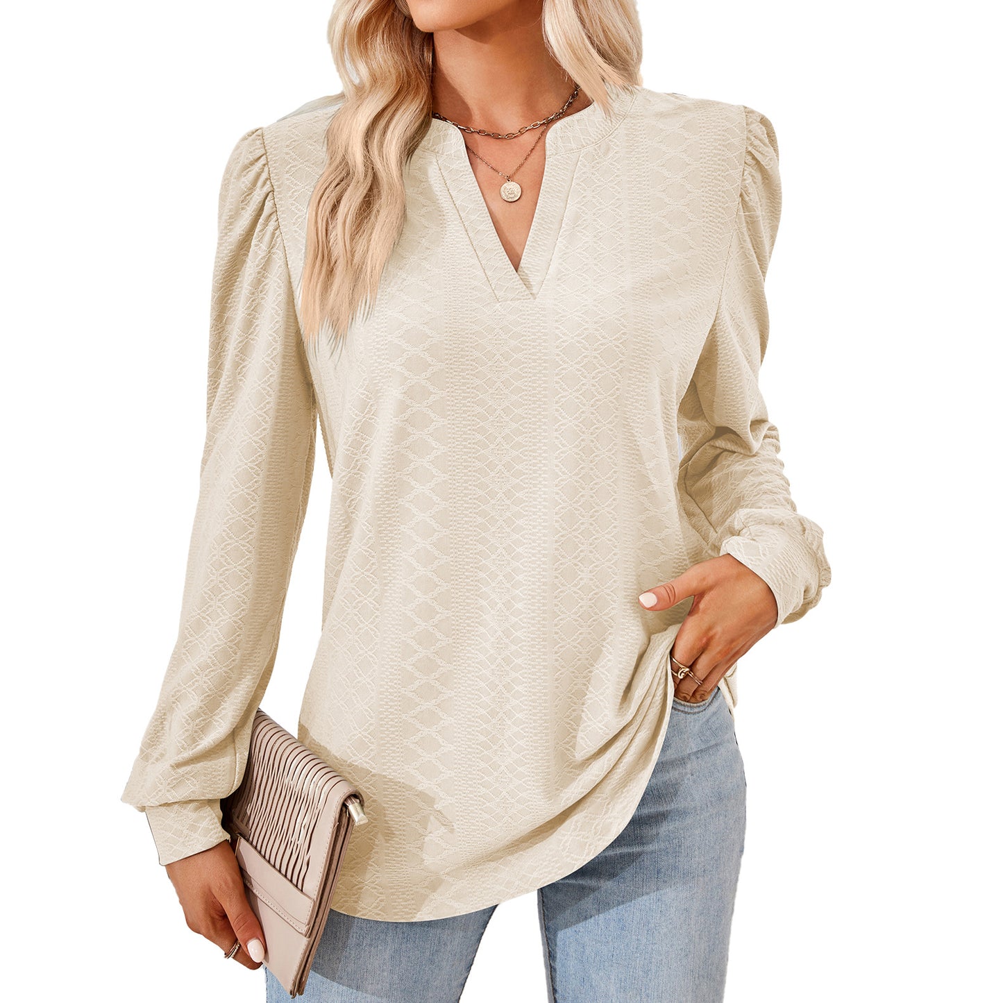 Women's Solid Color And Jacquard Long Sleeve Blouses