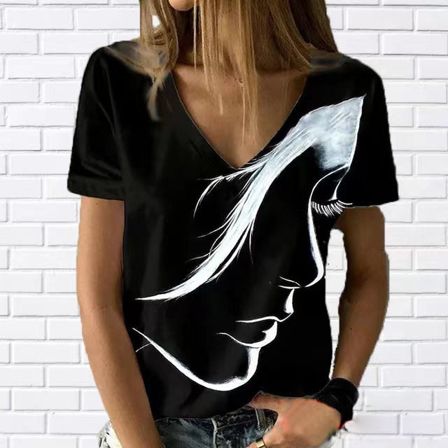 Women's V-neck Head Print Pullover Short-sleeved Blouses