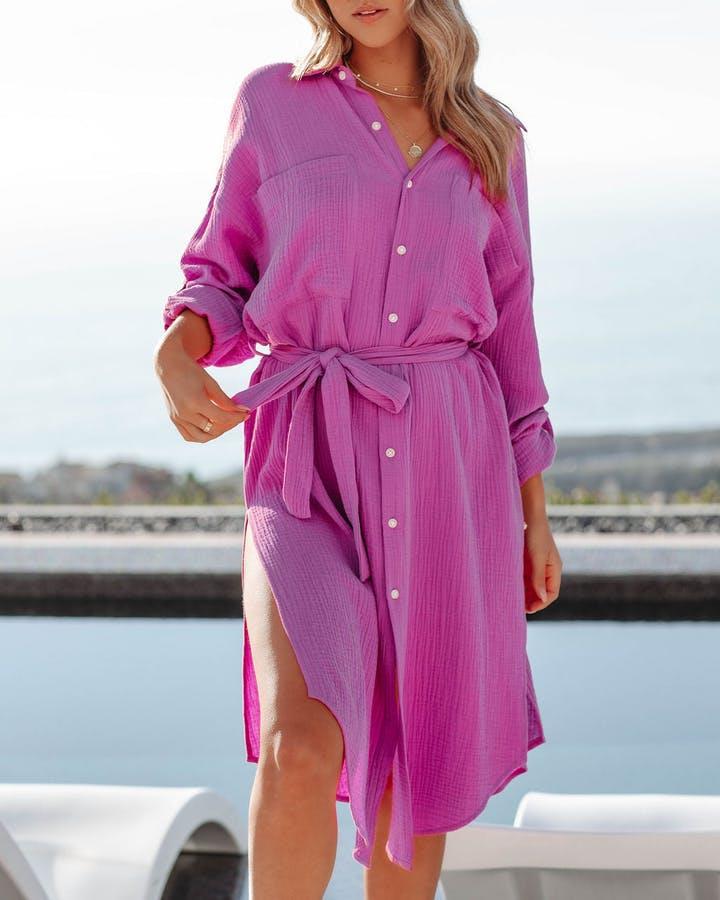 Robe de printemps pour femmes, couleur unie, manches longues